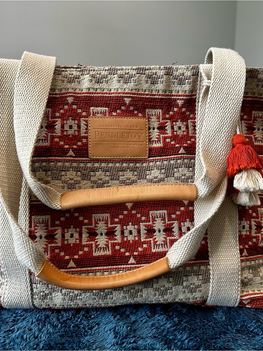 Pendleton Copper River Everyday Tote Cotton Leather Trim Tassel Travel Bag